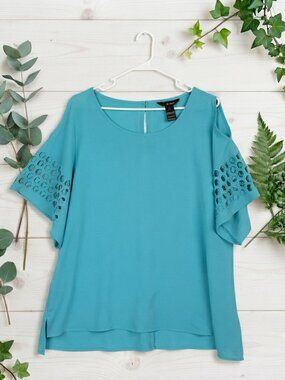 Ali Miles Women Plus 2X Teal Blue Cold Shoulder Top Cutout Sleeve Eyelets Blouse